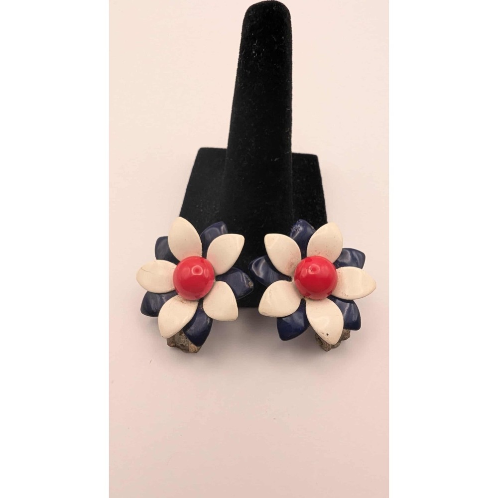Vintage Japanese Tri Color Flower Clip On Earrings
